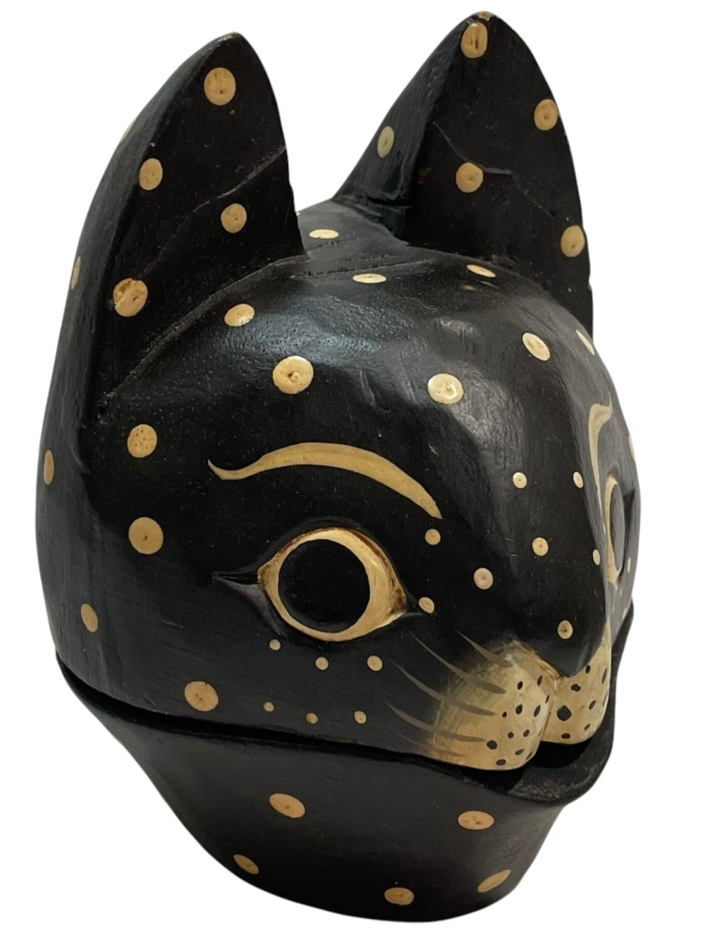 Vintage 1970s Handcarved Cat Head Wooden Hinged Trinket Box Hand Painted